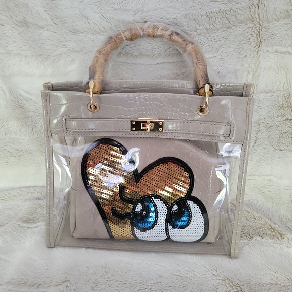 Handbags - NEW! Stylish Clear Transparent 2Way Handbag with Eye Sequin Design